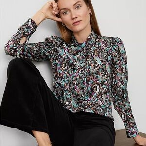 Ann Taylor Paisley Mock Tie Neck Puff Sleeve Top